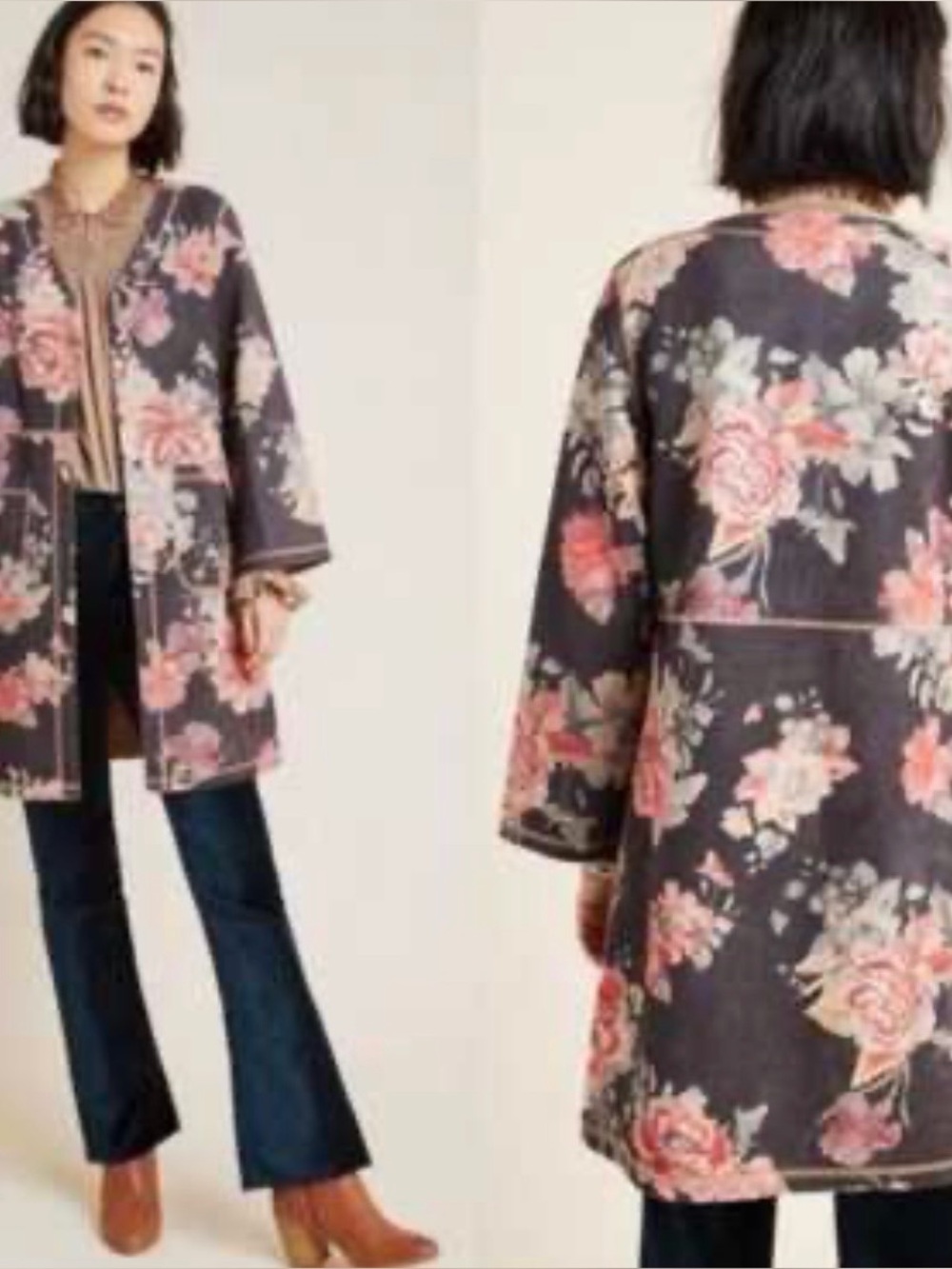 NEW! Anthropologie Monarc Emile Faux Suede -SZ S- Floral Longline Duster Jacket